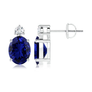 9x7mm Labgrown Lab-Grown Basket-Set Oval Blue Sapphire Stud Earrings with Diamond in P950 Platinum