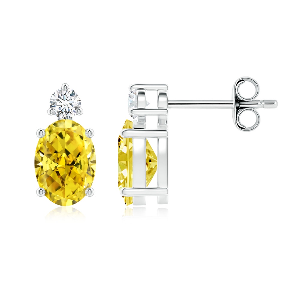 7x5mm Labgrown Basket-Set Oval Lab-Grown Fancy Intense Yellow Diamond Stud Earrings in White Gold