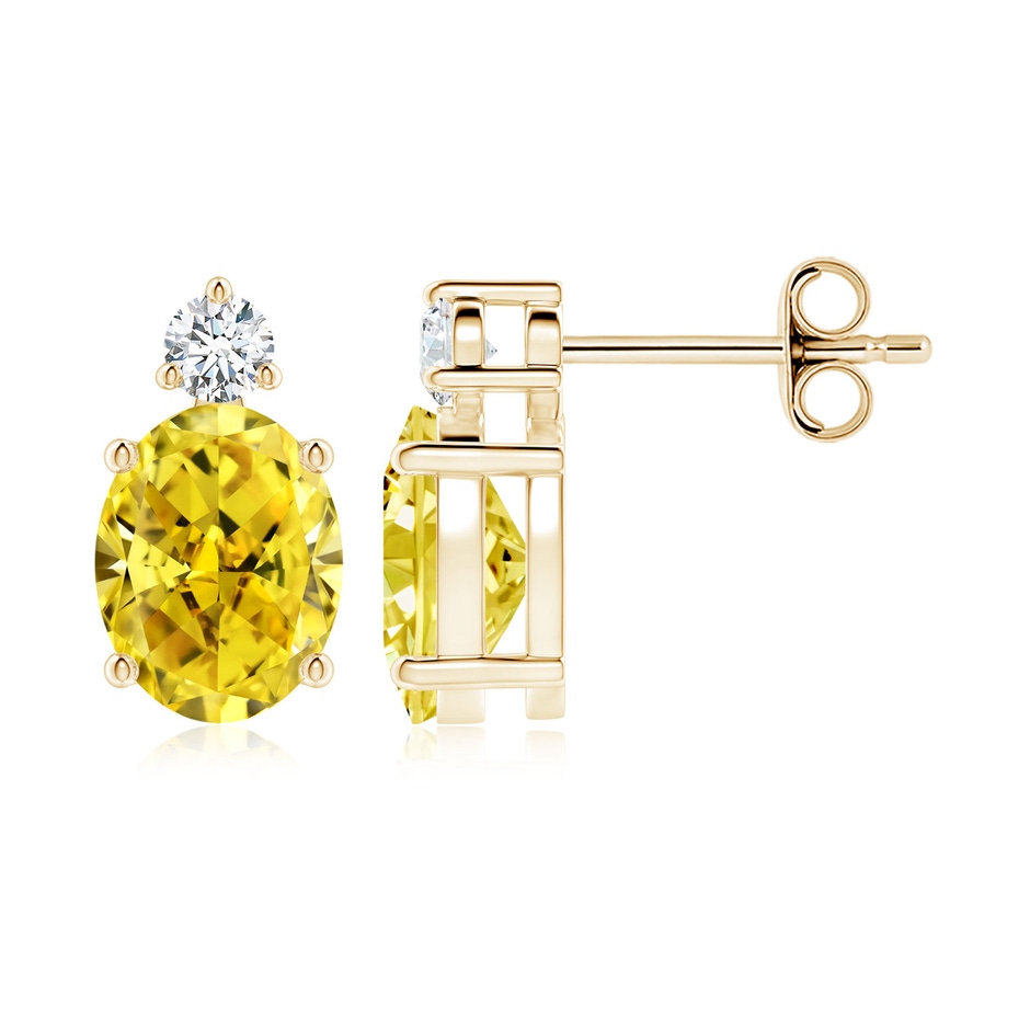 9x7mm Labgrown Basket-Set Oval Lab-Grown Fancy Intense Yellow Diamond Stud Earrings in 18K Yellow Gold 