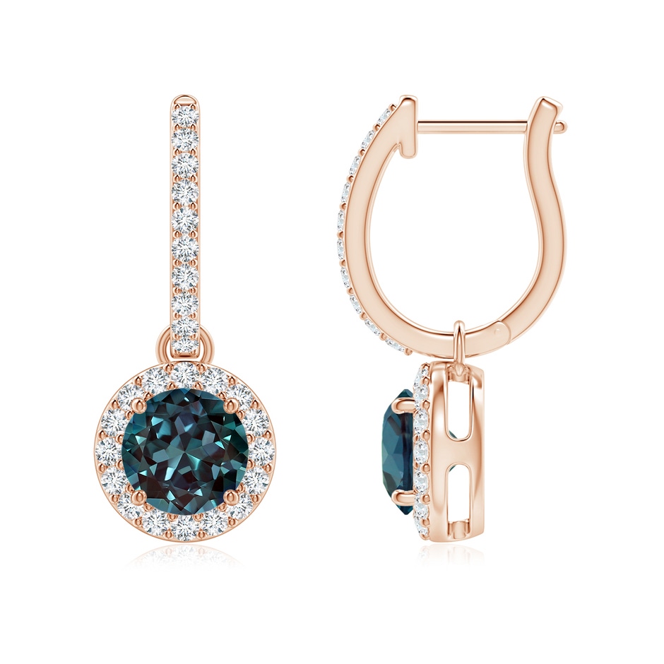 6mm Labgrown Round Lab-Grown Alexandrite Dangle Earrings with Diamond Halo in Rose Gold 
