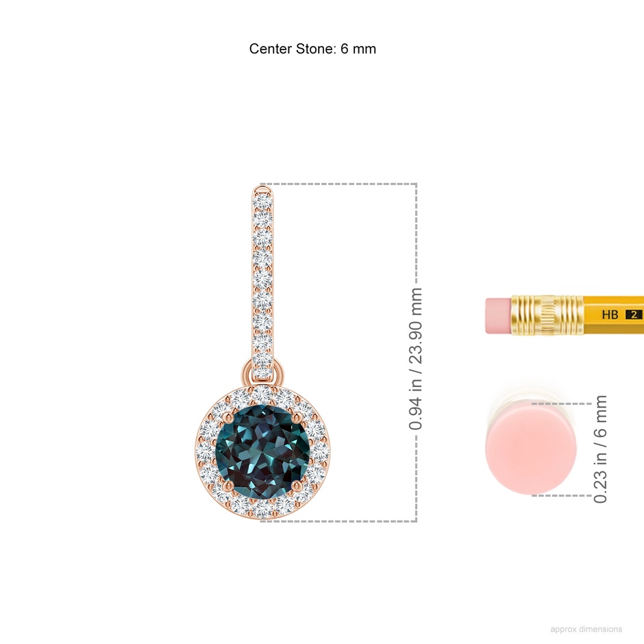 6mm Labgrown Round Lab-Grown Alexandrite Dangle Earrings with Diamond Halo in Rose Gold ruler