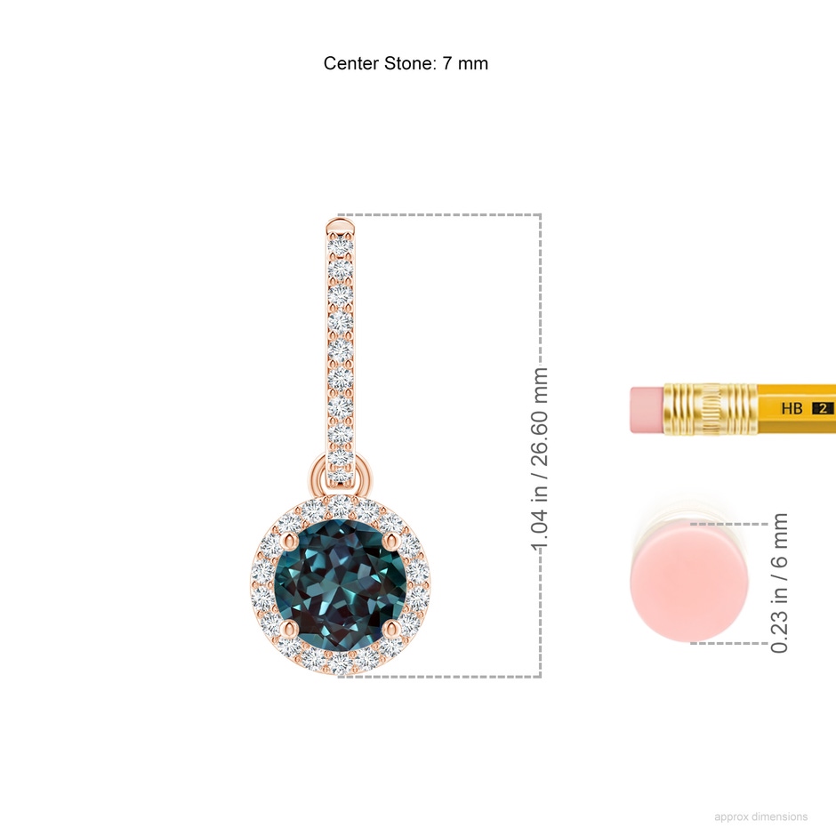 7mm Labgrown Round Lab-Grown Alexandrite Dangle Earrings with Diamond Halo in Rose Gold ruler