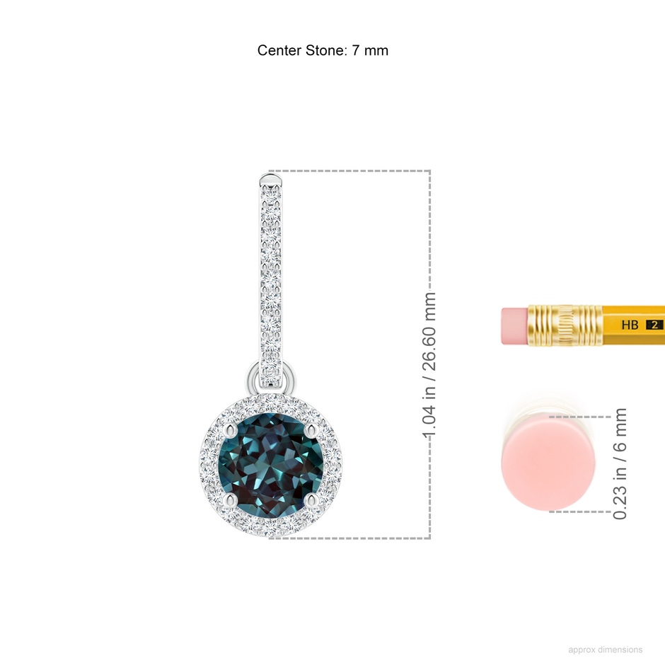 7mm Labgrown Round Lab-Grown Alexandrite Dangle Earrings with Diamond Halo in White Gold ruler