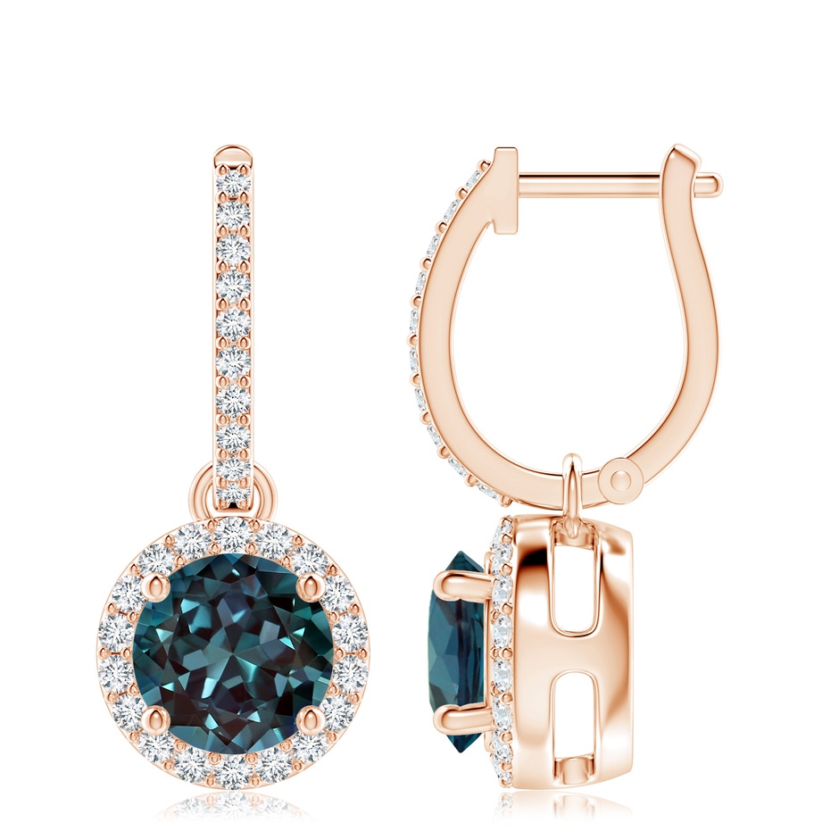 8mm Labgrown Round Lab-Grown Alexandrite Dangle Earrings with Diamond Halo in Rose Gold 