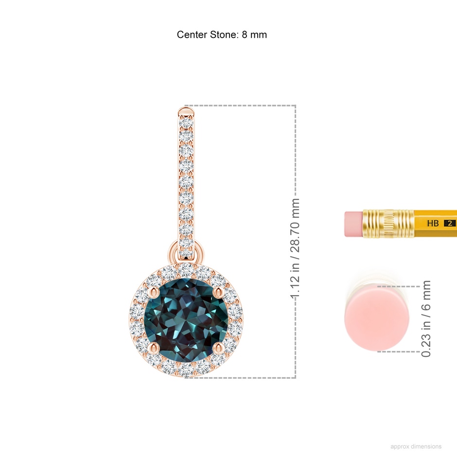 8mm Labgrown Round Lab-Grown Alexandrite Dangle Earrings with Diamond Halo in Rose Gold ruler