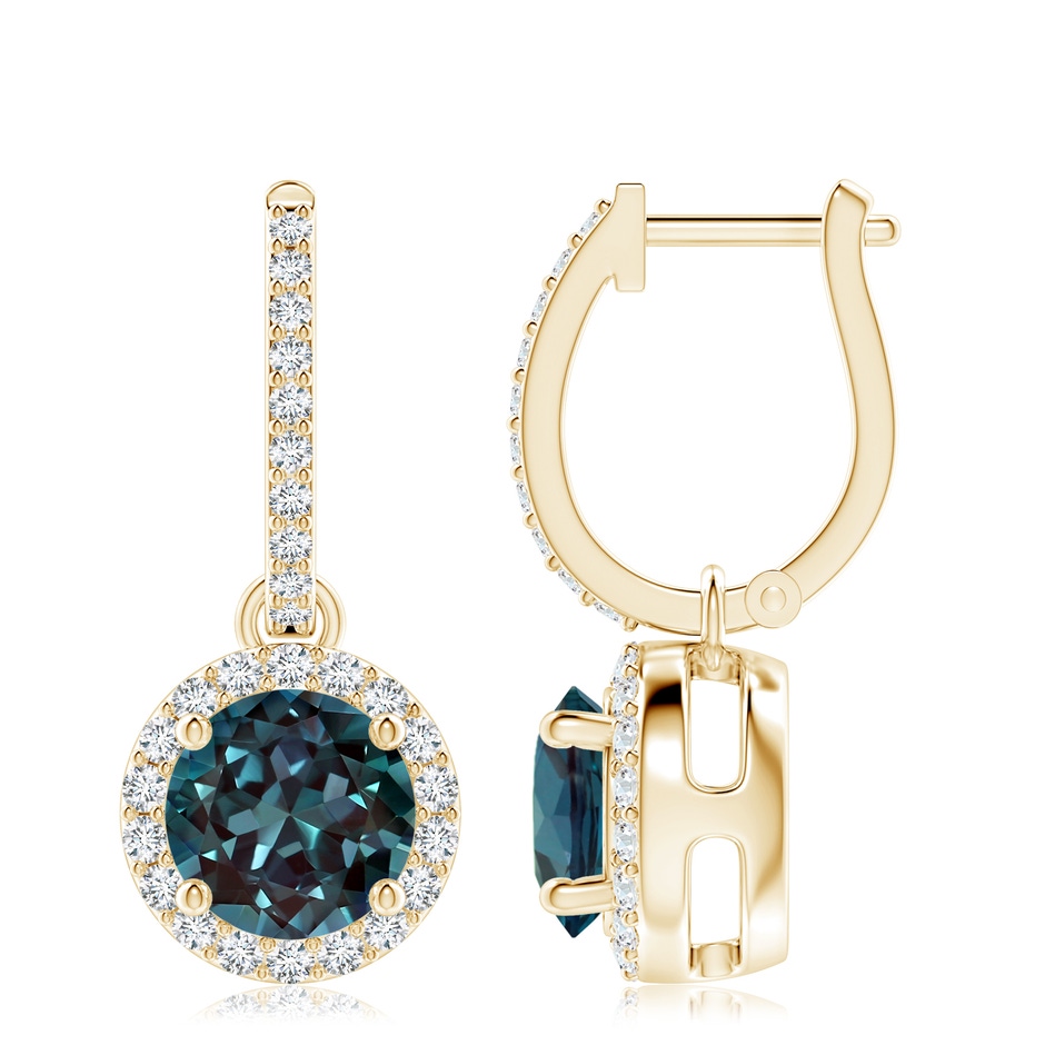 8mm Labgrown Round Lab-Grown Alexandrite Dangle Earrings with Diamond Halo in Yellow Gold 