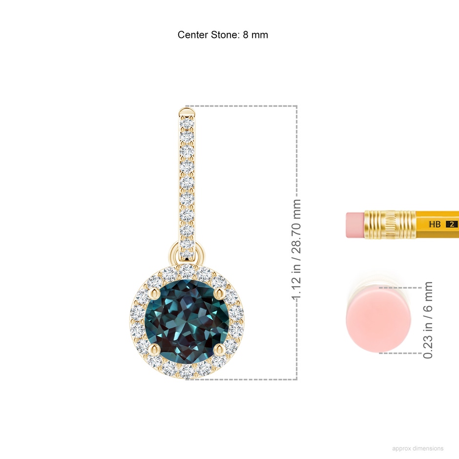 8mm Labgrown Round Lab-Grown Alexandrite Dangle Earrings with Diamond Halo in Yellow Gold ruler