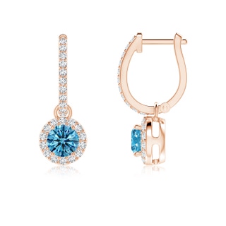 4.5mm Labgrown Round Lab-Grown Fancy Intense Blue Diamond Dangle Earrings with Halo in 9K Rose Gold