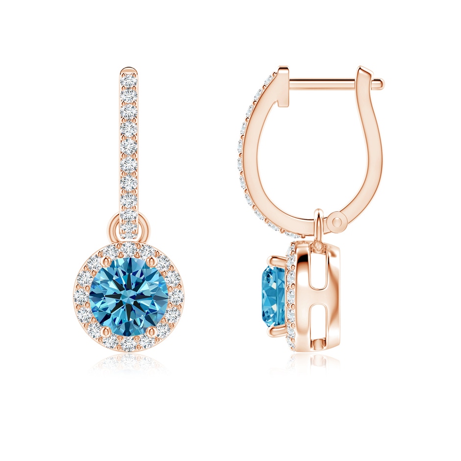 5.2mm Labgrown Round Lab-Grown Fancy Intense Blue Diamond Dangle Earrings with Halo in Rose Gold 