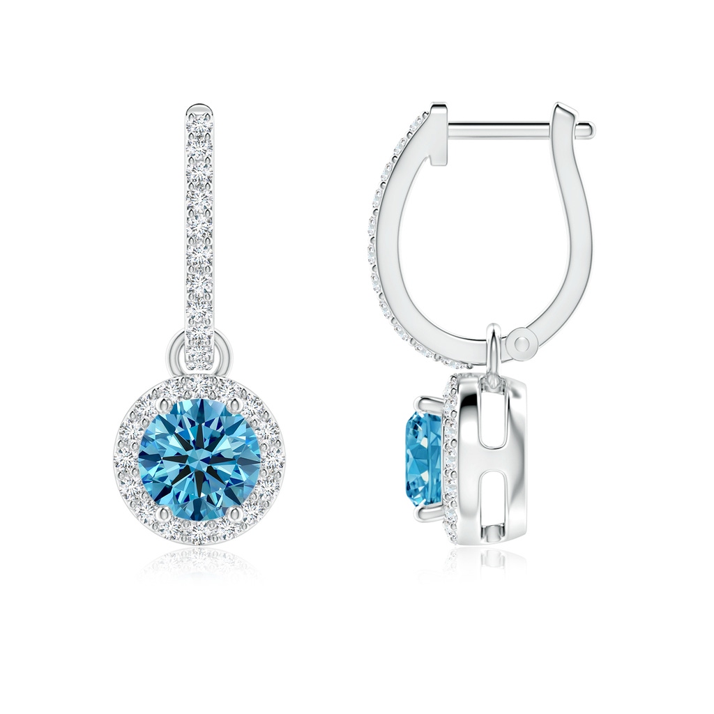 5.2mm Labgrown Round Lab-Grown Fancy Intense Blue Diamond Dangle Earrings with Halo in White Gold