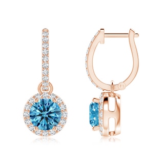 6.4mm Labgrown Round Lab-Grown Fancy Intense Blue Diamond Dangle Earrings with Halo in Rose Gold