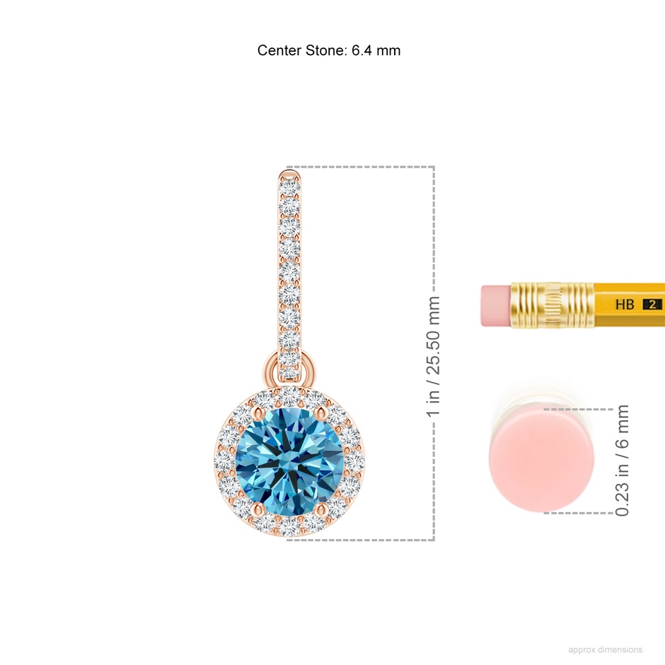 6.4mm Labgrown Round Lab-Grown Fancy Intense Blue Diamond Dangle Earrings with Halo in Rose Gold ruler