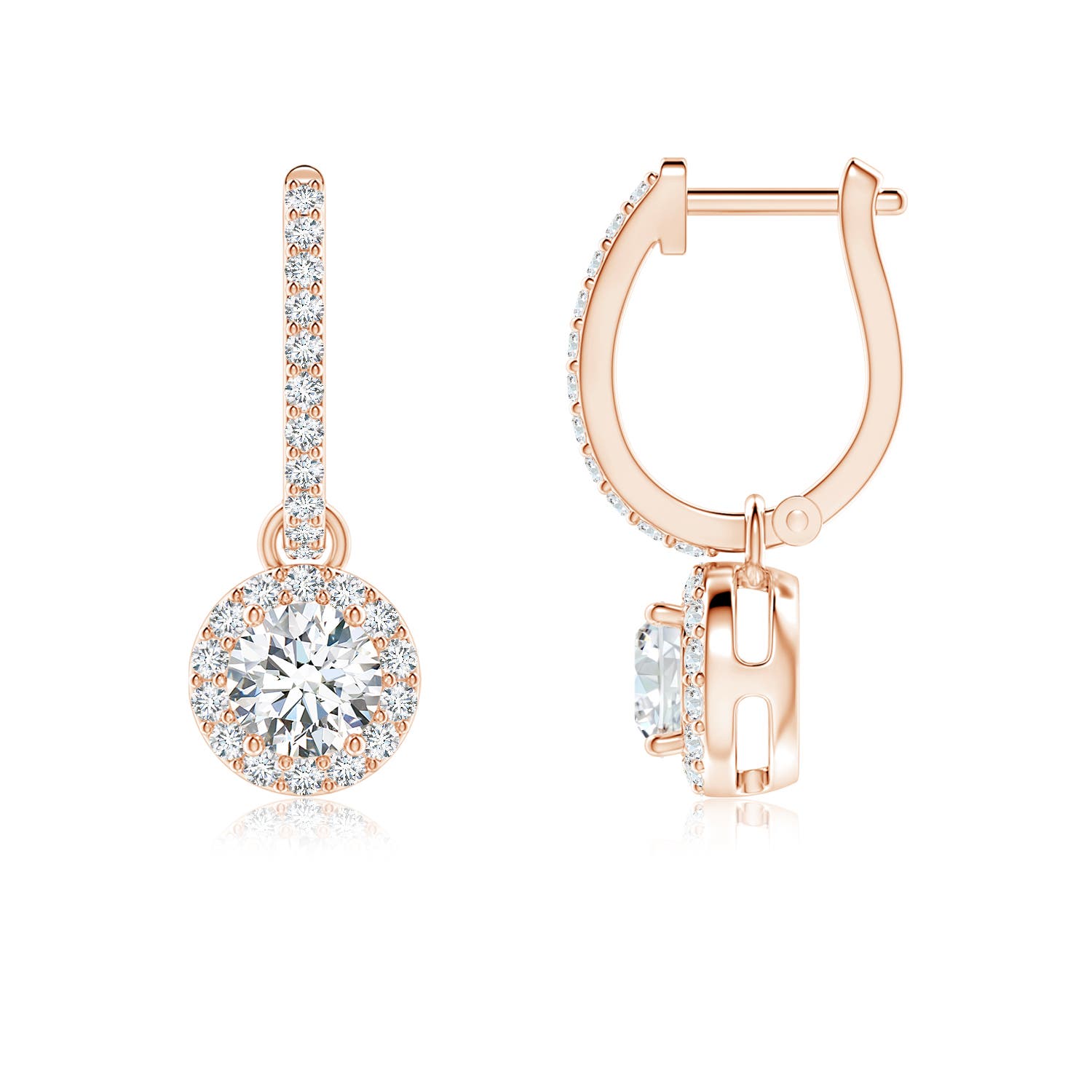 4.5mm FGVS Lab-Grown Round Diamond Dangle Earrings with Halo in 18K Rose Gold