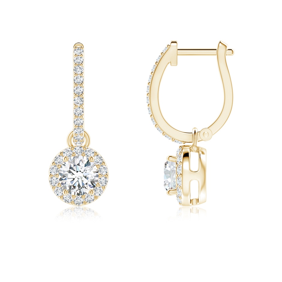 4.5mm FGVS Lab-Grown Round Diamond Dangle Earrings with Halo in Yellow Gold 