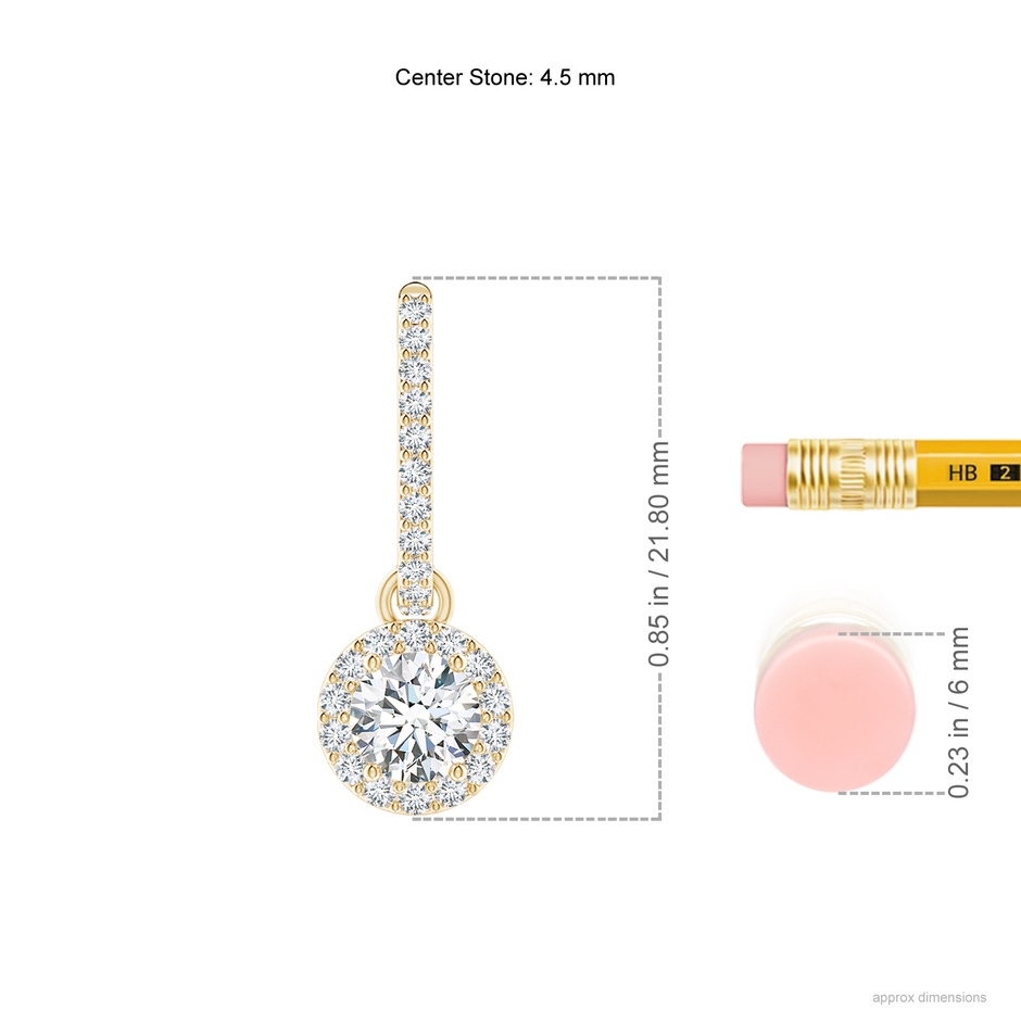 4.5mm FGVS Lab-Grown Round Diamond Dangle Earrings with Halo in Yellow Gold ruler