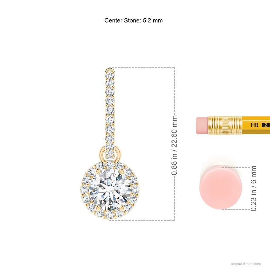 5.2mm FGVS Lab-Grown Round Diamond Dangle Earrings with Halo in Yellow Gold ruler
