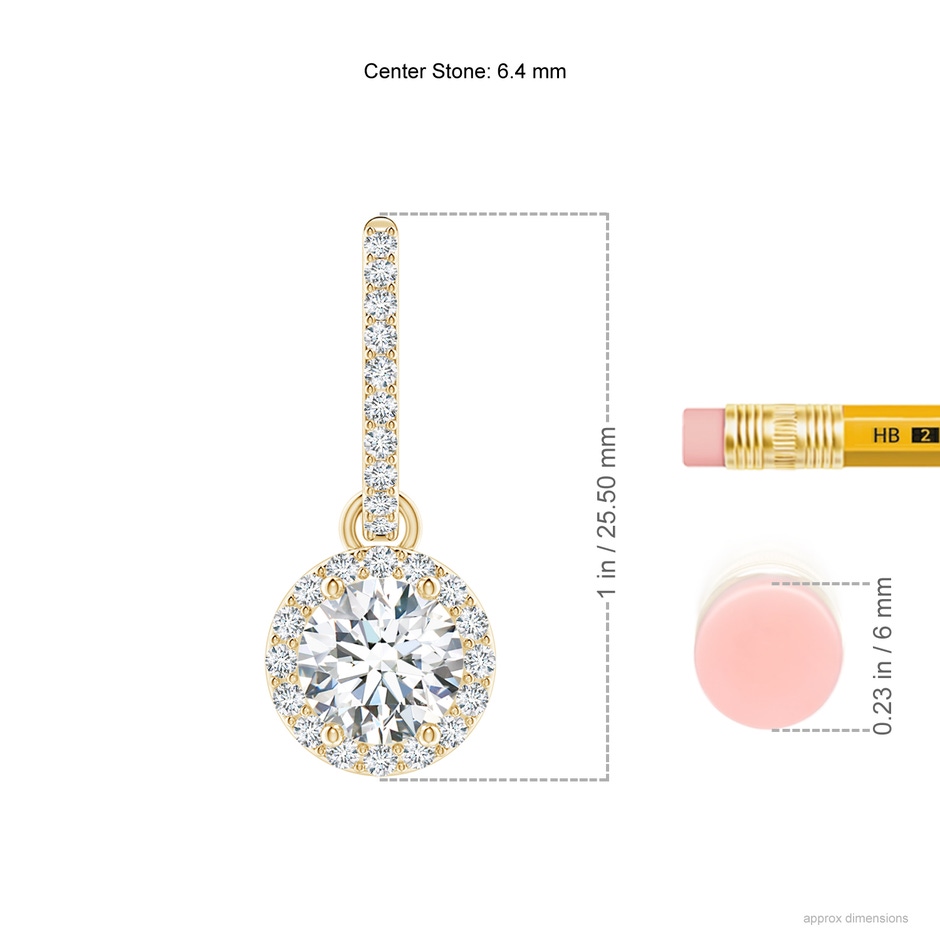 6.4mm FGVS Lab-Grown Round Diamond Dangle Earrings with Halo in Yellow Gold ruler