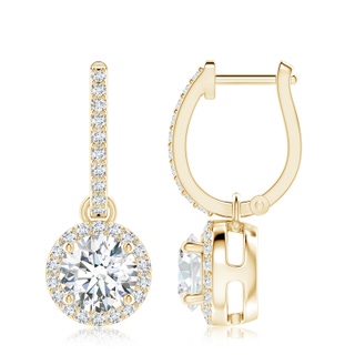 7.4mm FGVS Lab-Grown Round Diamond Dangle Earrings with Halo in 9K Yellow Gold