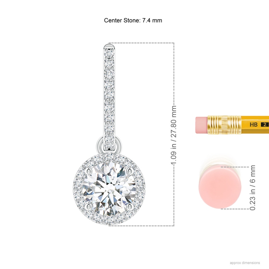 7.4mm FGVS Lab-Grown Round Diamond Dangle Earrings with Halo in S999 Silver ruler