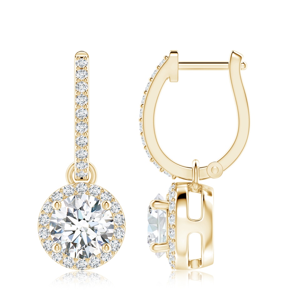 7.4mm FGVS Lab-Grown Round Diamond Dangle Earrings with Halo in Yellow Gold 