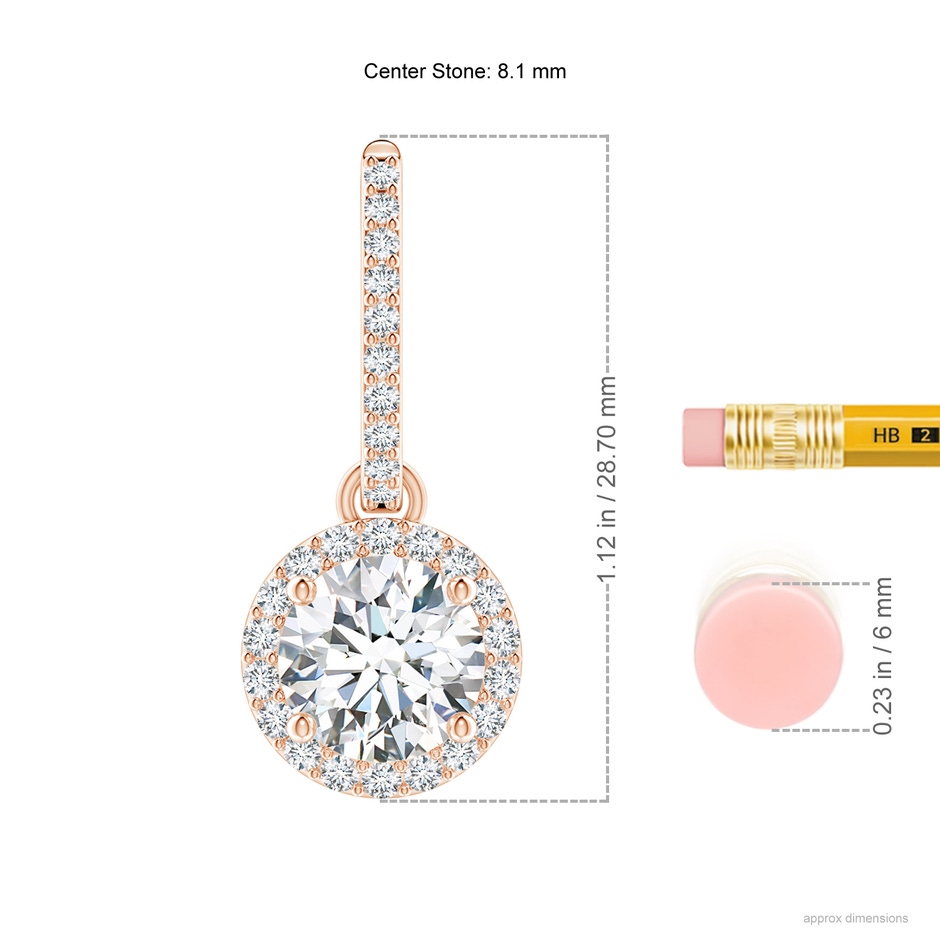8.1mm FGVS Lab-Grown Round Diamond Dangle Earrings with Halo in Rose Gold ruler