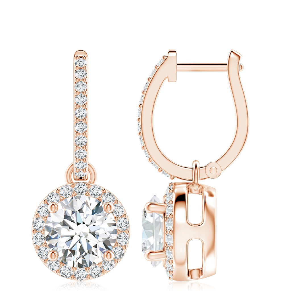 8.9mm FGVS Lab-Grown Round Diamond Dangle Earrings with Halo in 9K Rose Gold