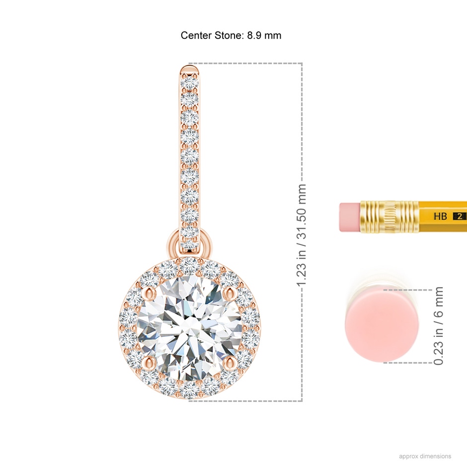 8.9mm FGVS Lab-Grown Round Diamond Dangle Earrings with Halo in Rose Gold ruler