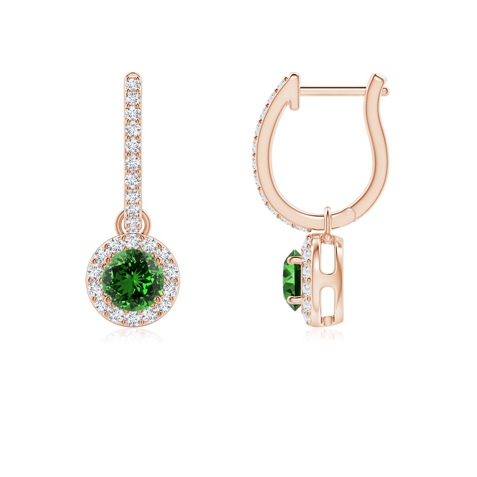 4mm Labgrown Lab-Grown Round Emerald Dangle Earrings with Diamond Halo in Rose Gold 