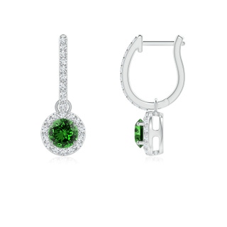 4mm Labgrown Lab-Grown Round Emerald Dangle Earrings with Diamond Halo in White Gold