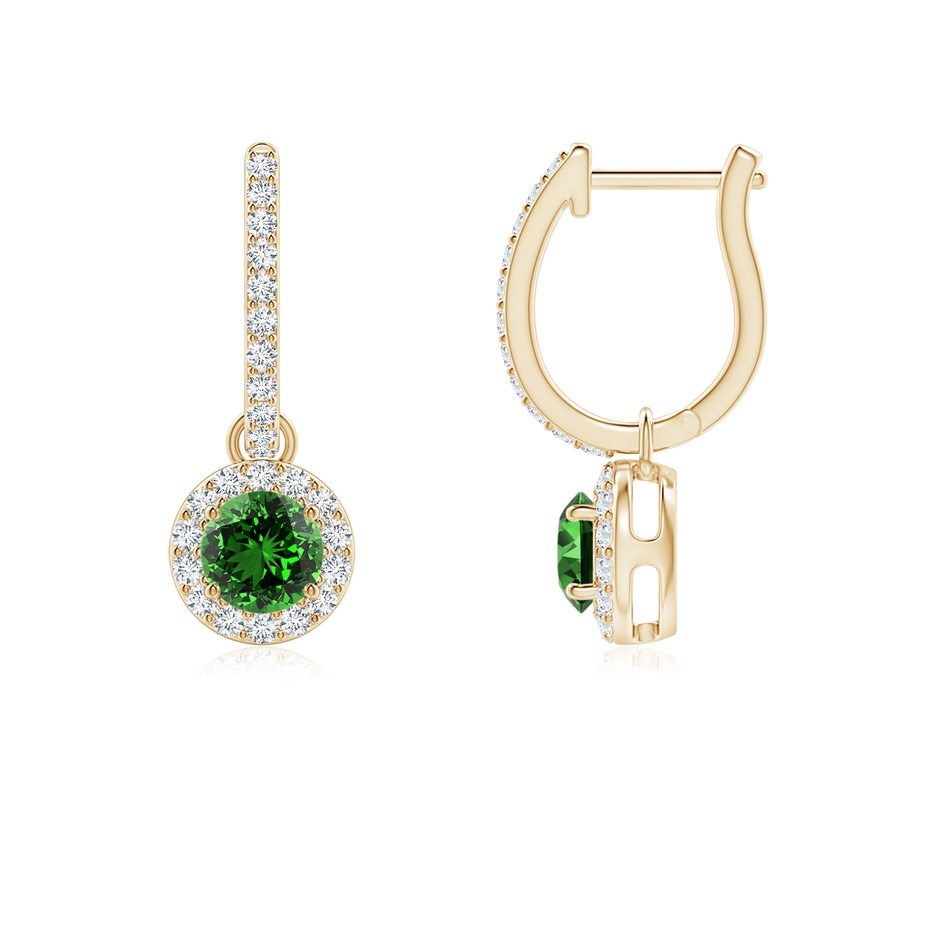 4mm Labgrown Lab-Grown Round Emerald Dangle Earrings with Diamond Halo in Yellow Gold 