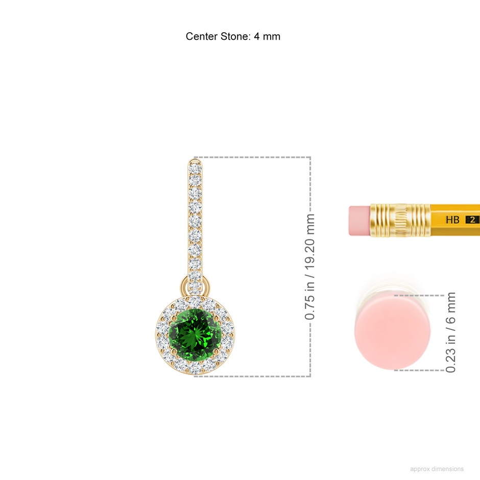 4mm Labgrown Lab-Grown Round Emerald Dangle Earrings with Diamond Halo in Yellow Gold ruler