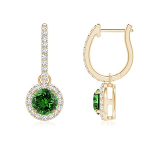 5mm Labgrown Lab-Grown Round Emerald Dangle Earrings with Diamond Halo in 9K Yellow Gold