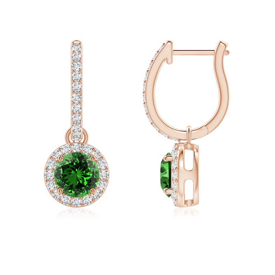 5mm Labgrown Lab-Grown Round Emerald Dangle Earrings with Diamond Halo in Rose Gold 