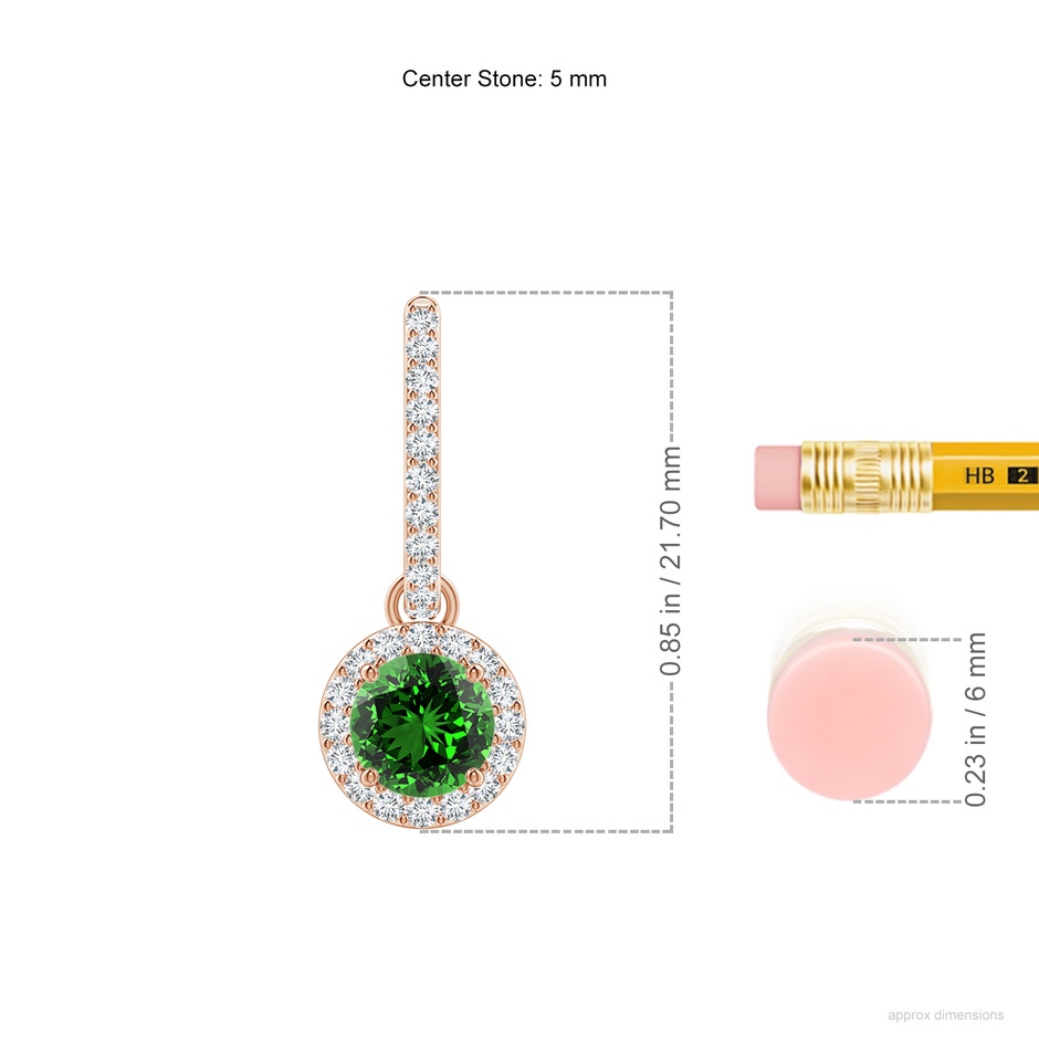 5mm Labgrown Lab-Grown Round Emerald Dangle Earrings with Diamond Halo in Rose Gold ruler