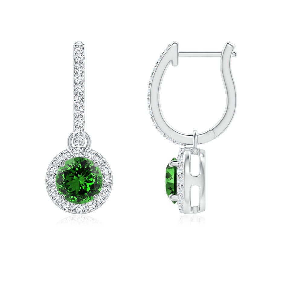 5mm Labgrown Lab-Grown Round Emerald Dangle Earrings with Diamond Halo in White Gold 