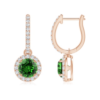 6mm Labgrown Lab-Grown Round Emerald Dangle Earrings with Diamond Halo in 10K Rose Gold