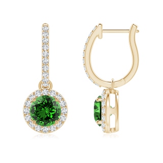 6mm Labgrown Lab-Grown Round Emerald Dangle Earrings with Diamond Halo in 9K Yellow Gold