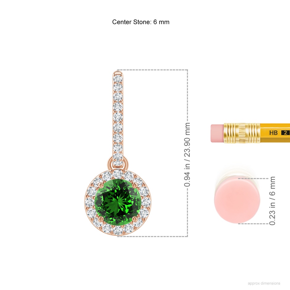 6mm Labgrown Lab-Grown Round Emerald Dangle Earrings with Diamond Halo in Rose Gold ruler