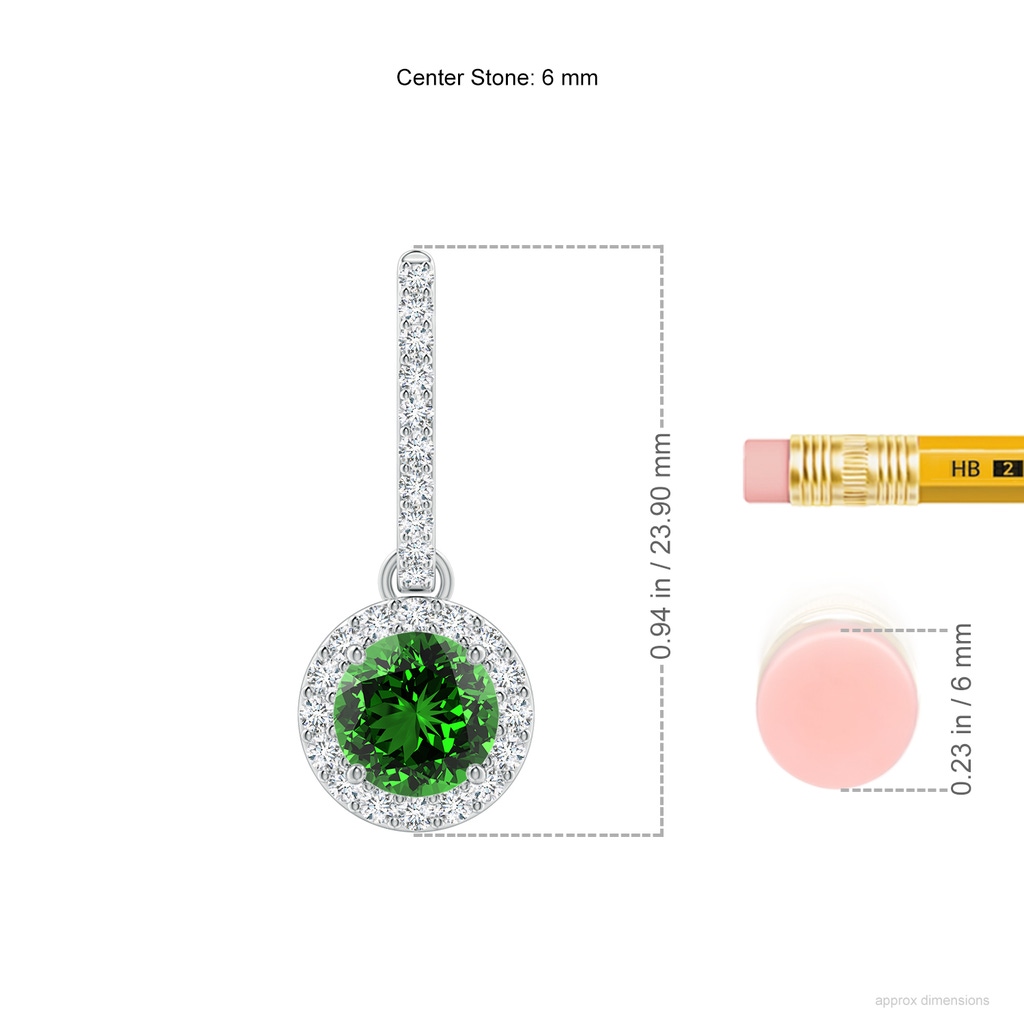 6mm Labgrown Lab-Grown Round Emerald Dangle Earrings with Diamond Halo in White Gold ruler