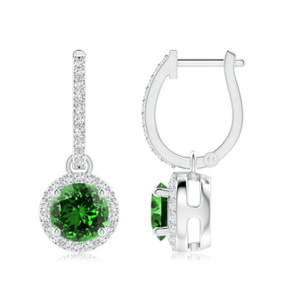 7mm Labgrown Lab-Grown Round Emerald Dangle Earrings with Diamond Halo in P950 Platinum