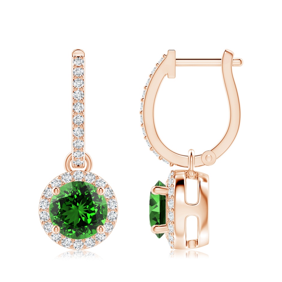 7mm Labgrown Lab-Grown Round Emerald Dangle Earrings with Diamond Halo in Rose Gold 