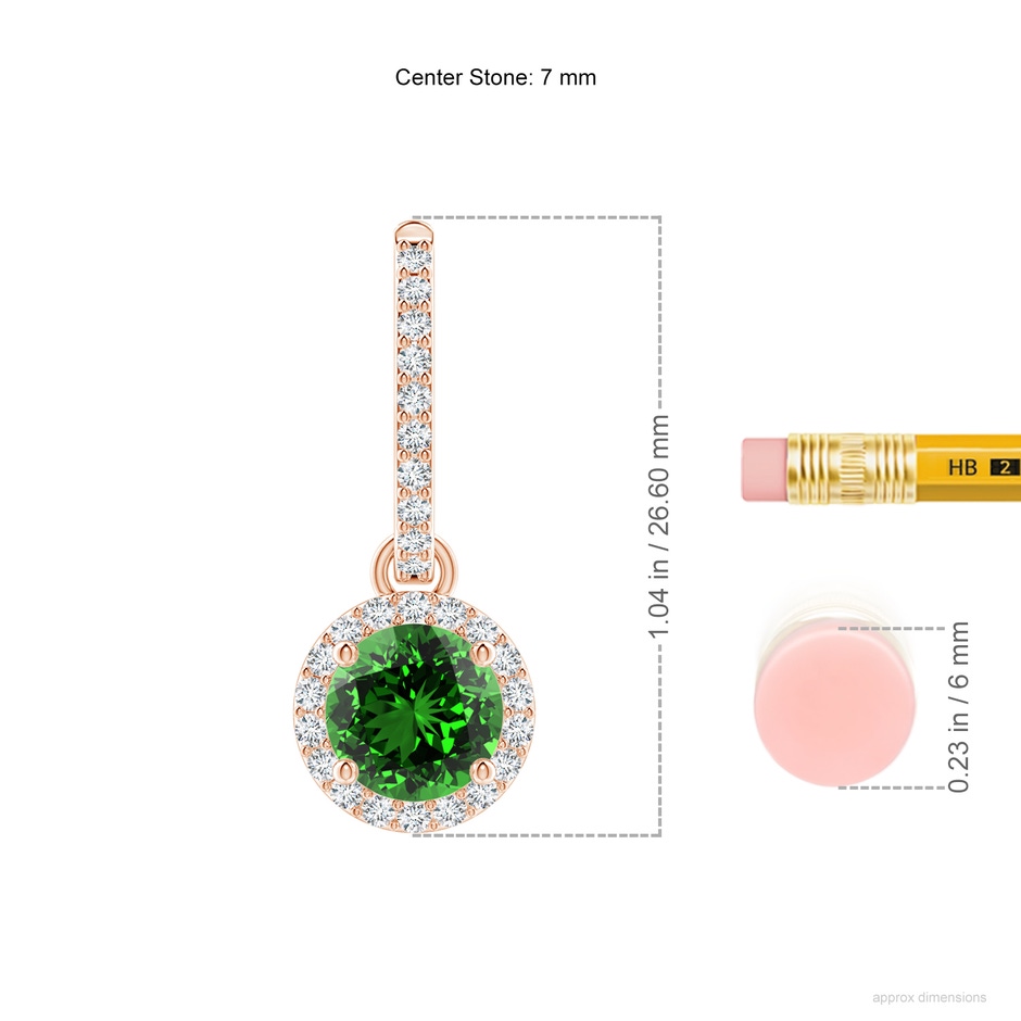 7mm Labgrown Lab-Grown Round Emerald Dangle Earrings with Diamond Halo in Rose Gold ruler