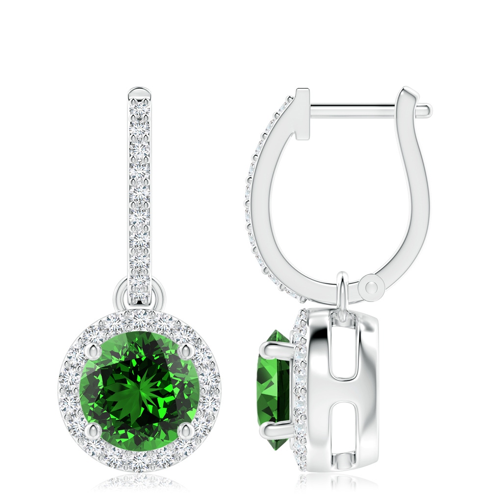 8mm Labgrown Lab-Grown Round Emerald Dangle Earrings with Diamond Halo in P950 Platinum