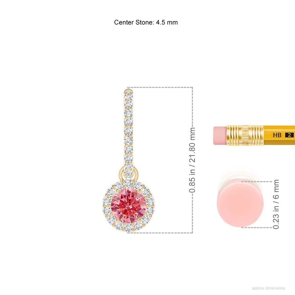 4.5mm Labgrown Round Lab-Grown Fancy Intense Pink Diamond Dangle Earrings with Halo in Yellow Gold ruler