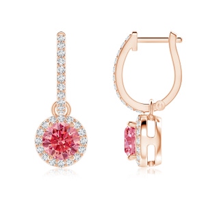 5.2mm Labgrown Round Lab-Grown Fancy Intense Pink Diamond Dangle Earrings with Halo in 18K Rose Gold