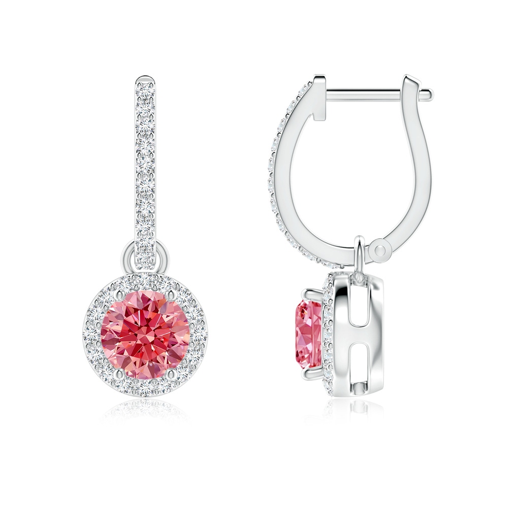 5.2mm Labgrown Round Lab-Grown Fancy Intense Pink Diamond Dangle Earrings with Halo in White Gold