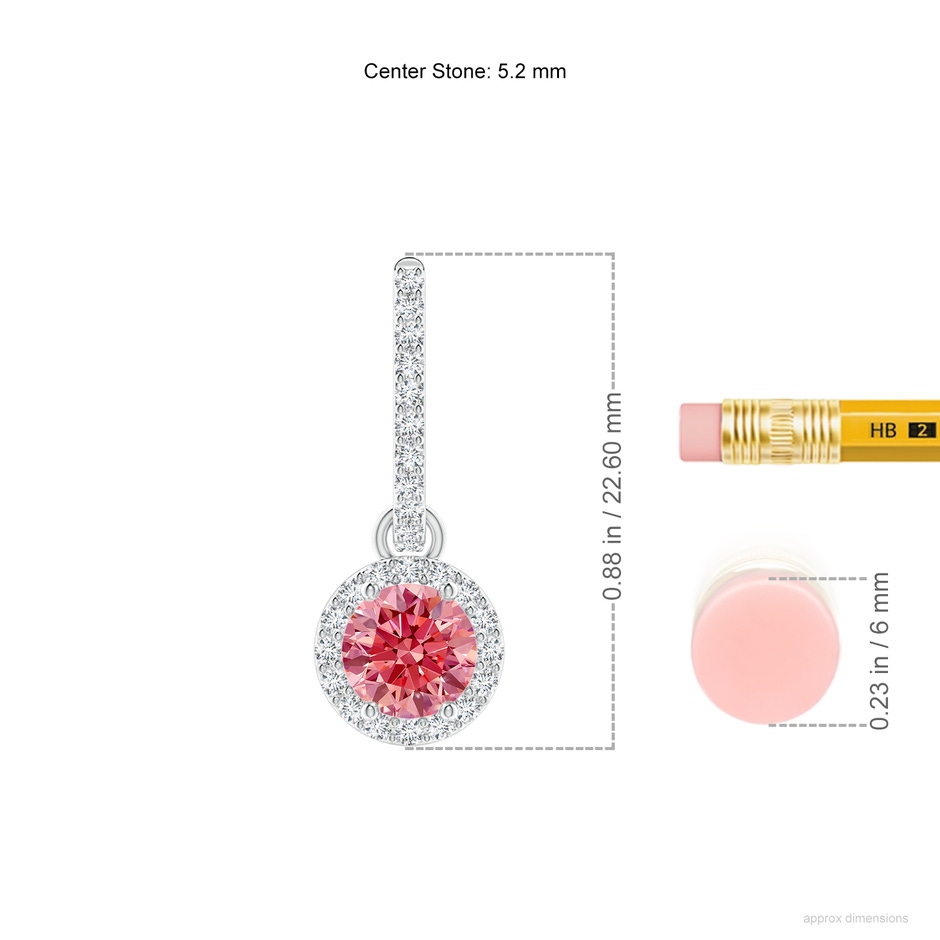 5.2mm Labgrown Round Lab-Grown Fancy Intense Pink Diamond Dangle Earrings with Halo in White Gold ruler