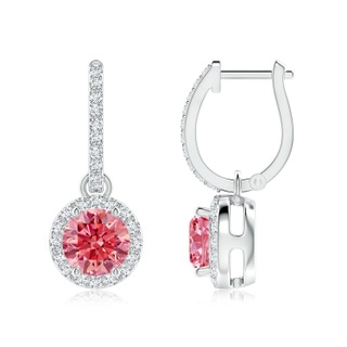 6.4mm Labgrown Round Lab-Grown Fancy Intense Pink Diamond Dangle Earrings with Halo in P950 Platinum