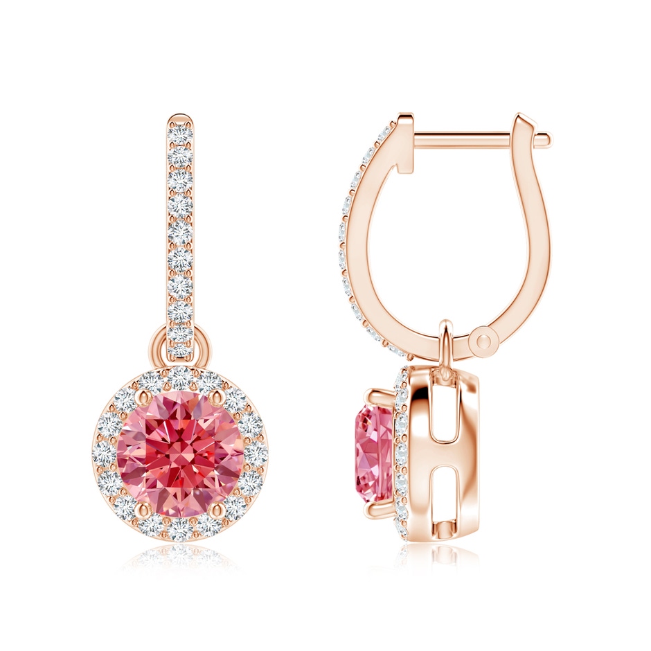 6.4mm Labgrown Round Lab-Grown Fancy Intense Pink Diamond Dangle Earrings with Halo in Rose Gold 