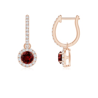 4mm Labgrown Lab-Grown Round Ruby Dangle Earrings with Diamond Halo in 10K Rose Gold